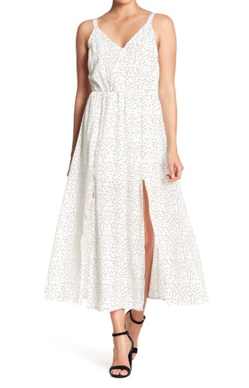 Mello Day White Black Polka Dot Midi Dress Sz M Slits Coastal Boho Cottage Fairy